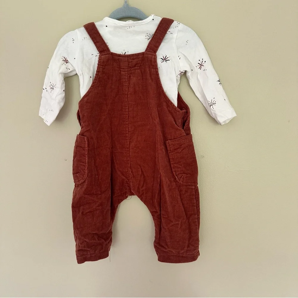 Zara Baby 2-Piece Set Rust Corduroy Overalls & Shirt Outfit 0-3M